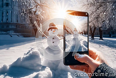 A smartphone in the hands of a tourist taking a photo of a friendly snowman in a city park on a frosty winter day Stock Photo