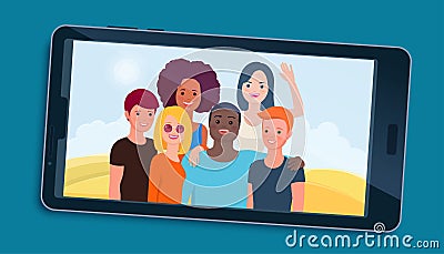 Smartphone with happy teen friends displaying on screen Vector Illustration