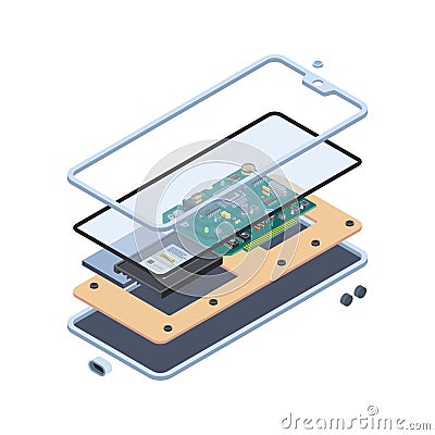 Smartphone hardware. Isometric layers of inside touch screen gadgets or tablet pc motherboard mobile vector repair Vector Illustration