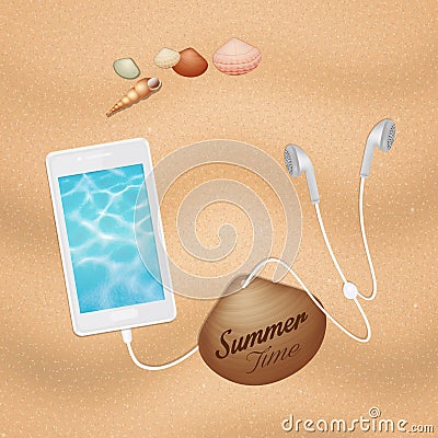 Smartphone with headphones earphones on the beach Stock Photo