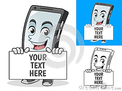 Smartphone Holding Blank Board Cartoon Character Mascot Illustration Vector Illustration