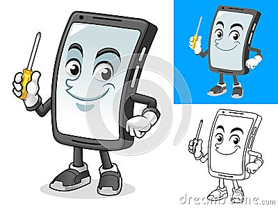 Smartphone Holding Screwdriver Cartoon Character Mascot Illustration Vector Illustration