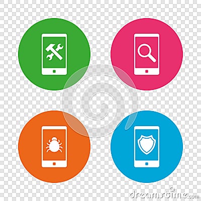 Smartphone icons. Shield protection, repair, bug. Vector Illustration