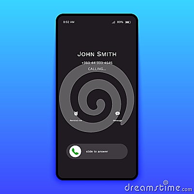 Smartphone incoming call screen mockup. Mobile phone interface swipe to answer accept decline button. Vector illustration Vector Illustration