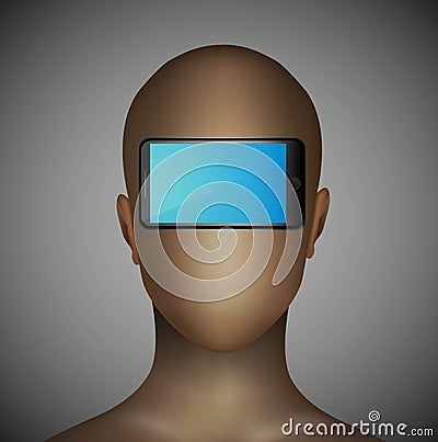 Smartphone inside the man head, problem of the normal communication only device using, person and smartphone, Vector Illustration