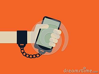 Smartphone, internet, technology addiction vector concept with hand chained to the phone. Vector Illustration