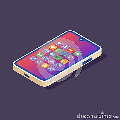 Smartphone. Isometry. Vector isometric illustration. Cell phone with working screen and operating system icons. Mobile Vector Illustration