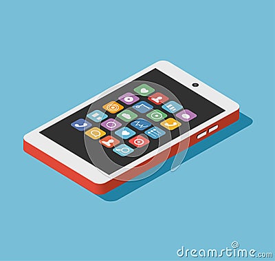 Smartphone. Isometry. Vector isometric illustration. Cell phone with working screen and operating system icons. Mobile Cartoon Illustration