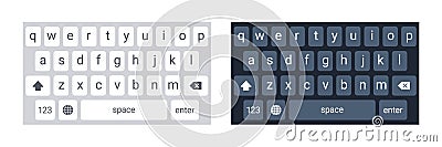 Smartphone keyboard in light and dark mode, keypad alphabet buttons in modern flat style, mobile phone tab concept for Vector Illustration