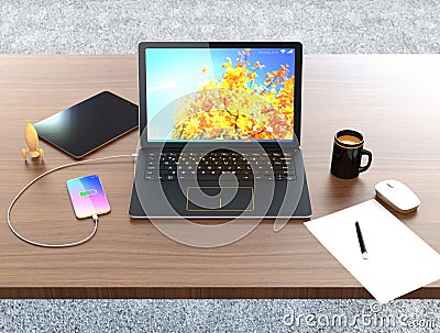 Smartphone, laptop, digital tablet and mug cup on wooden desktop Stock Photo