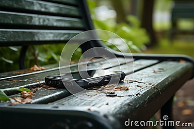 Smartphone left behind on park bench, a visual of forgetfulness Stock Photo