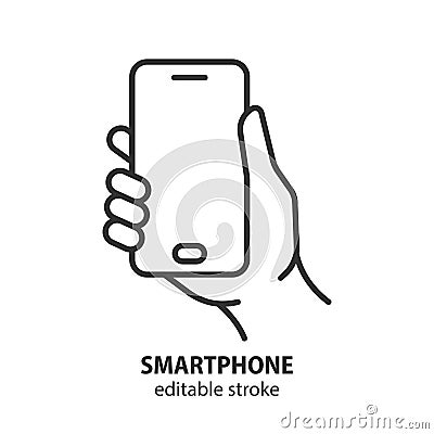 Smartphone line icon. Mobile phone in hand outline vector symbol. Editable stroke Vector Illustration