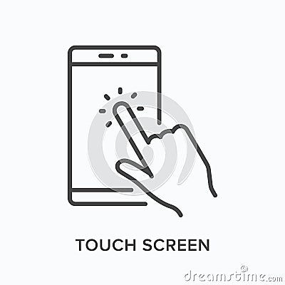 Smartphone line icon. Vector outline illustration of finger touching mobile phone screen. Technology, gadget touchscreen Vector Illustration