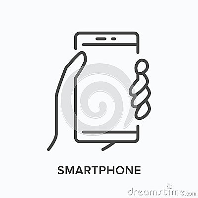 Smartphone line icon. Vector outline illustration of hand holding mobile phone. Technology, gadget screen thin linear Vector Illustration