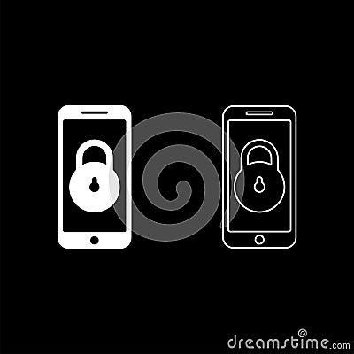 Smartphone lock personal data security cyber access concept phone locked cellphone padlock use set icon white color vector Vector Illustration