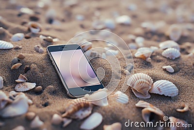 Smartphone lost mobile phone cellphone modern gadget lying sand beach tropical sunny white sandy seashore seashells Stock Photo