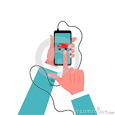 Smartphone in male hand in suit. Vector illustration Vector Illustration