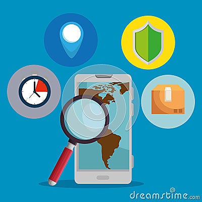 smartphone with map and magnifying glass service Cartoon Illustration