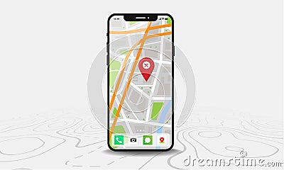 Smartphone with map and red pinpoint on screen isolated on line maps background. Vector Illustration