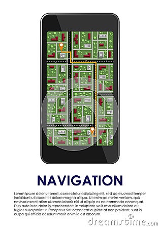 Smartphone with map on the screen with itinerary and pointers on Vector Illustration