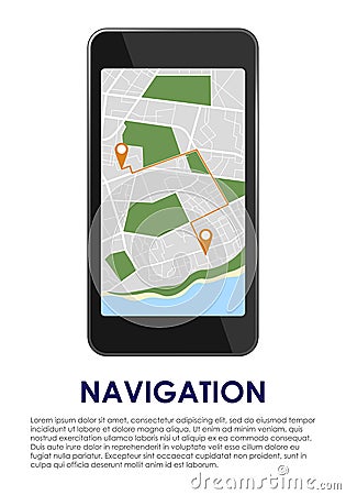 Smartphone with map on the screen with itinerary and pointers on Vector Illustration