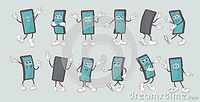 Smartphone mascot. Cartoon happy phone character with hand legs and face emotions. Vector isolated set Vector Illustration