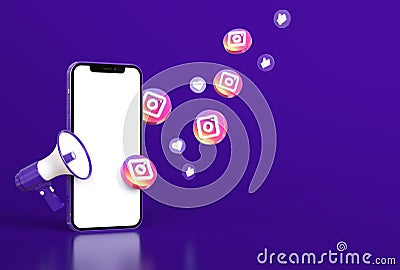 Smartphone mcokup with megaphone, instagram icons, like and heart symbol in realistic 3D rendering. Social media marketing concept Cartoon Illustration