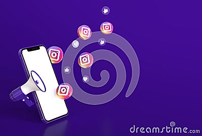 Smartphone mcokup with megaphone, instagram icons, like and heart symbol in realistic 3D rendering. Social media marketing concept Cartoon Illustration