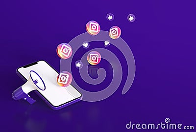 Smartphone mcokup with megaphone, instagram icons, like and heart symbol in realistic 3D rendering. Social media marketing concept Cartoon Illustration