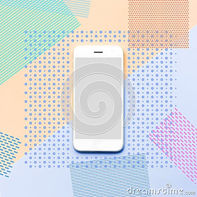 Smartphone with memphis color art background.flat lay Stock Photo