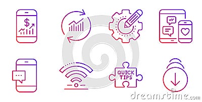 Smartphone message, Mobile finance and Update data icons set. Social media, Settings gear and Quick tips signs. Vector Vector Illustration