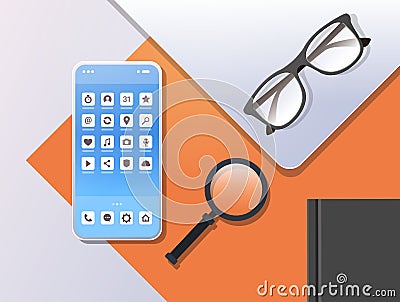 Smartphone mobile application icons creative ui screen top angle view workplace desktop with cellphone magnifier zoom Vector Illustration