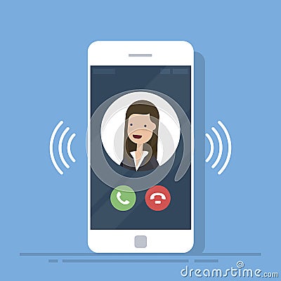 Smartphone or mobile phone call or vibrate with contact info on display, ring of phone icon. Flat cartoon cellphone Vector Illustration