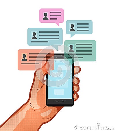 Smartphone, mobile phone in hand. Chatting, chat message, online talking concept. Vector illustration Vector Illustration