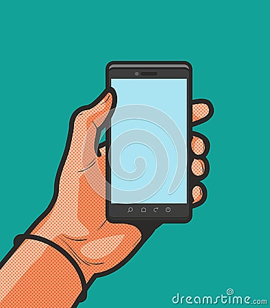 Smartphone, mobile phone in hand. Comics style design. Cartoon vector illustration Vector Illustration