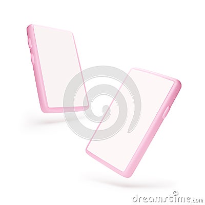 Smartphone mock up. Different angle of view to mobile phone. 3d pink template cellphone with transparent shadow Vector Illustration