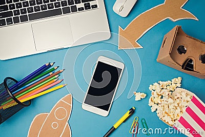 Smartphone mock up template with creative process objects. Website hero image design. Stock Photo