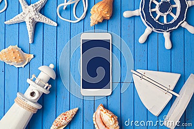 Smartphone mock up template for summer holiday app presentation. View from above. Flat lay Stock Photo