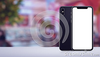 Smartphone mockup similar to iPhone X front and back sides on the desk in cafe banner with copy space Cartoon Illustration
