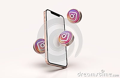 Smartphone mockup with instagram icons in realistic 3D rendering. Blank screen template Cartoon Illustration