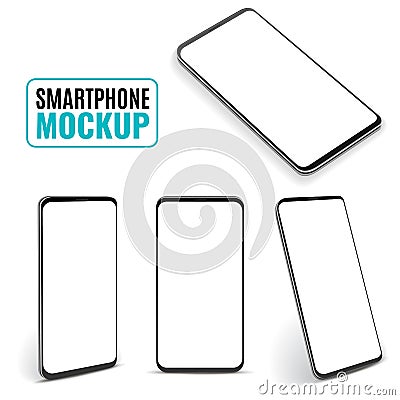 Smartphone mockup. Modern frameless smartphones, generic cell phone device side and top, isometric view design. 3d Vector Illustration