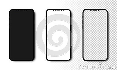 Smartphone mockup. Phone with Black, White and Transparent Screen. Cell Phone with different Screens. Template mockup smartphone Vector Illustration