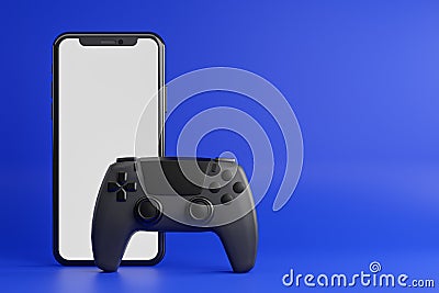 Smartphone Mockup Template Black Gamepad Console Blue Background 3D Rendering Stock Photo