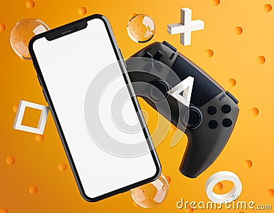 Smartphone Mockup Template Black Gamepad Console Orange Background 3D Rendering Stock Photo