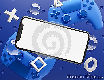 Smartphone Mockup Template Blue Gamepad Console Background 3D Rendering Stock Photo