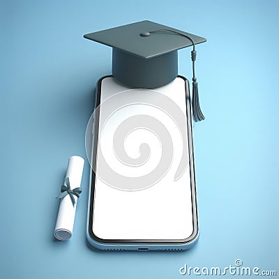 Smartphone with mockup white screen and graduation hat on it on blure bokeh background. ai generative Stock Photo