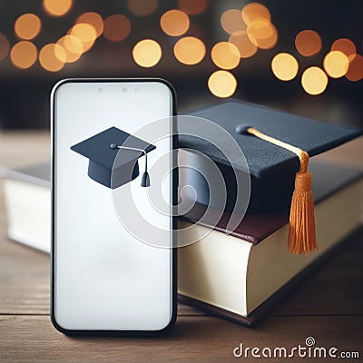 Smartphone with mockup white screen and graduation hat on it on blure bokeh background. ai generative Stock Photo