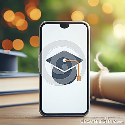 Smartphone with mockup white screen and graduation hat on it on blure bokeh background. ai generative Stock Photo