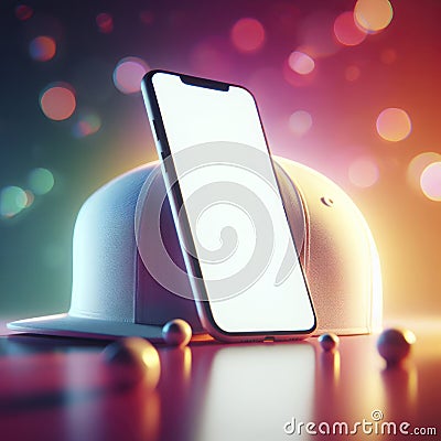 Smartphone with mockup white screen and hat on it, vibrary blure bokeh background. ai generative Stock Photo