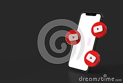 Smartphone mockup with youtube icons in realistic 3D rendering. Blank screen template Cartoon Illustration